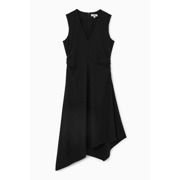 Women Gathered Asymmetric Midi Dress - Black