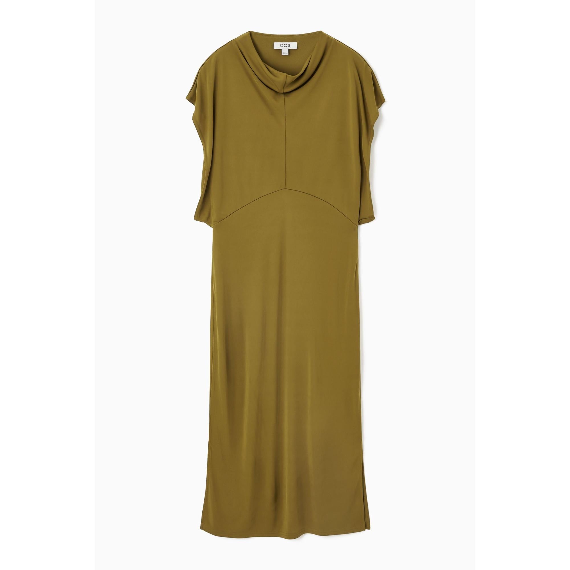Women Draped Cowl-Neck Midi Dress - Khaki green