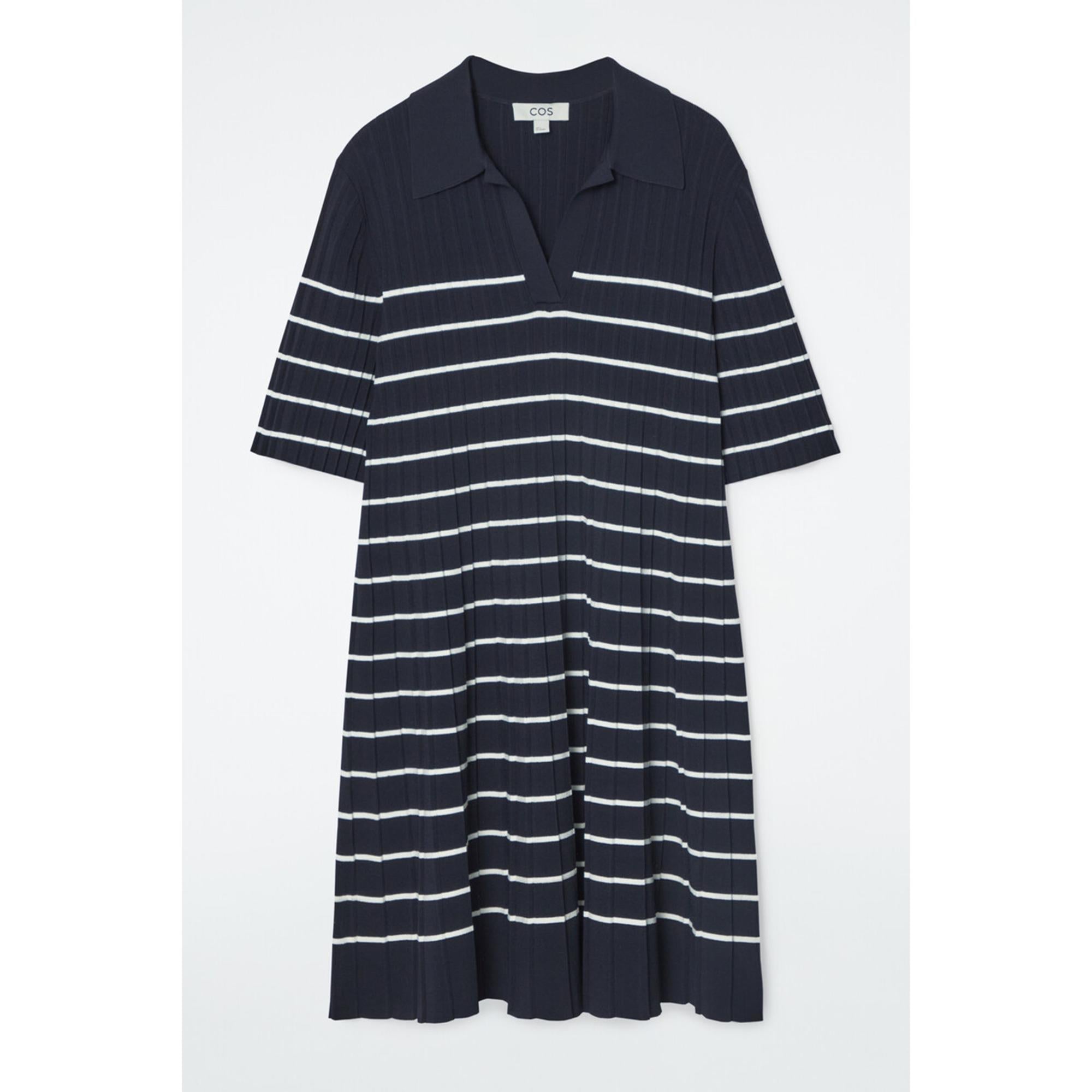 Women Striped Knitted Mini Polo Dress - Blue