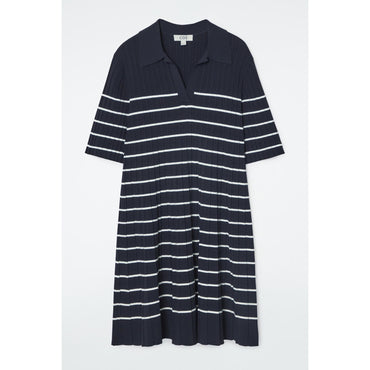 Women Striped Knitted Mini Polo Dress - Blue