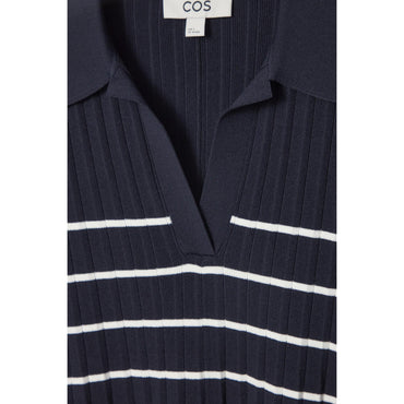 Women Striped Knitted Mini Polo Dress - Blue