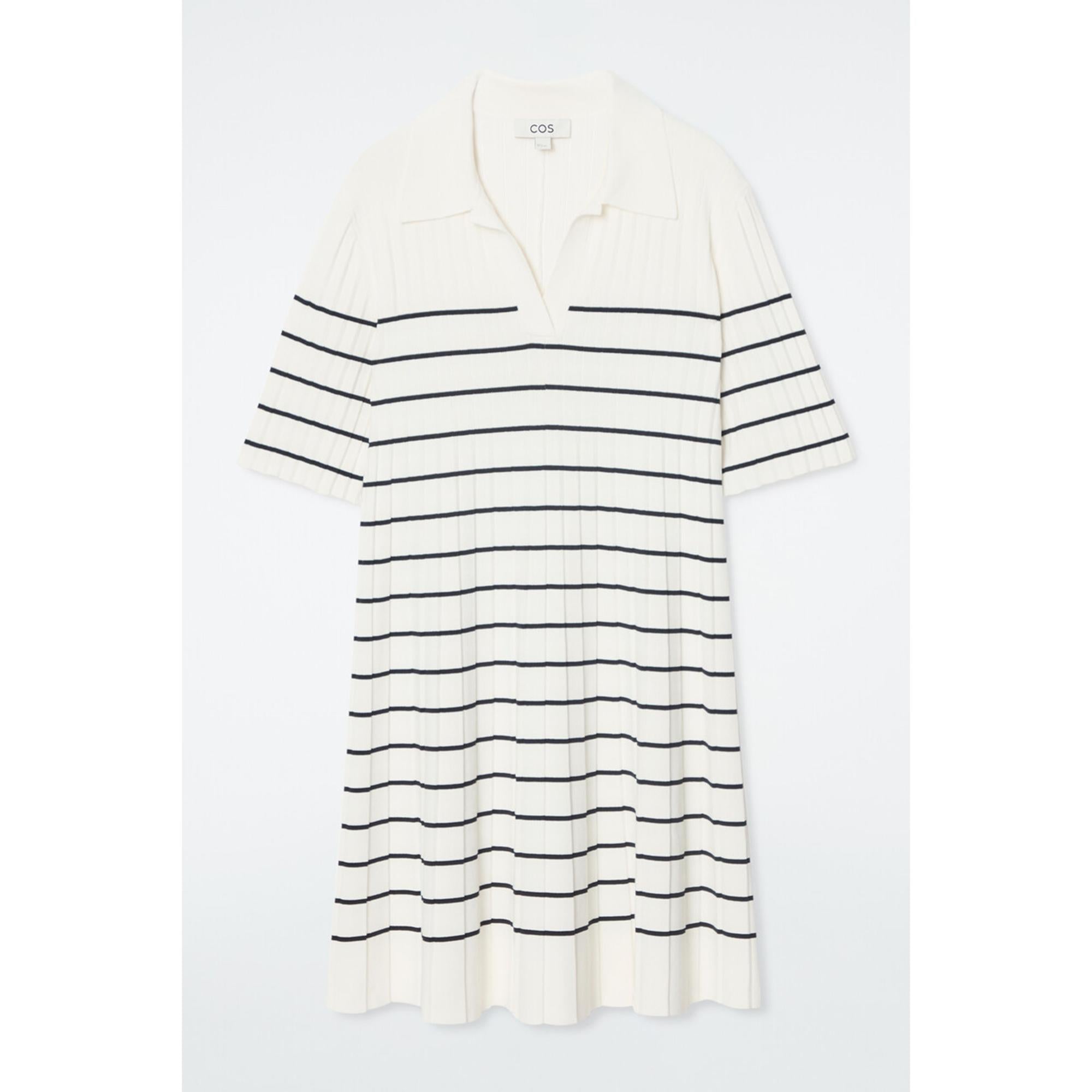Women Striped Knitted Mini Polo Dress - White
