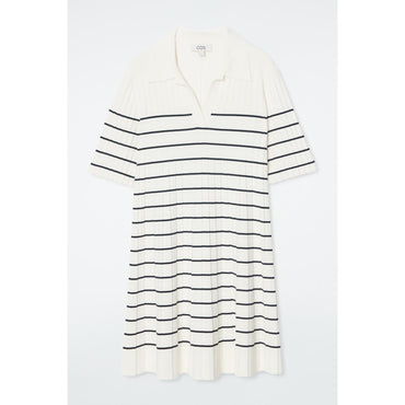 Women Striped Knitted Mini Polo Dress - White