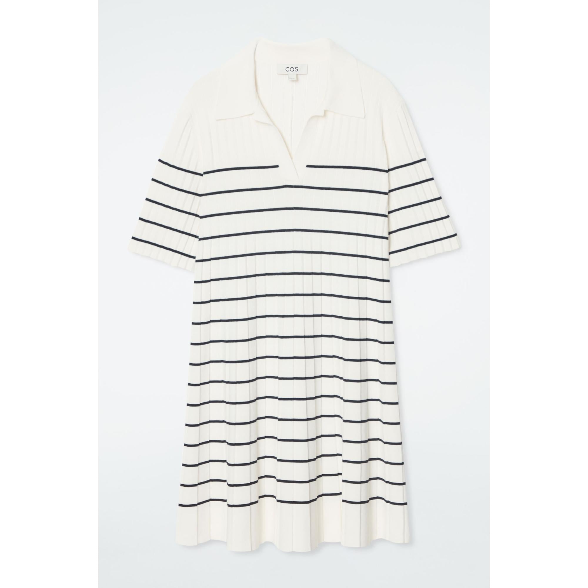 Women Striped Knitted Mini Polo Dress - White