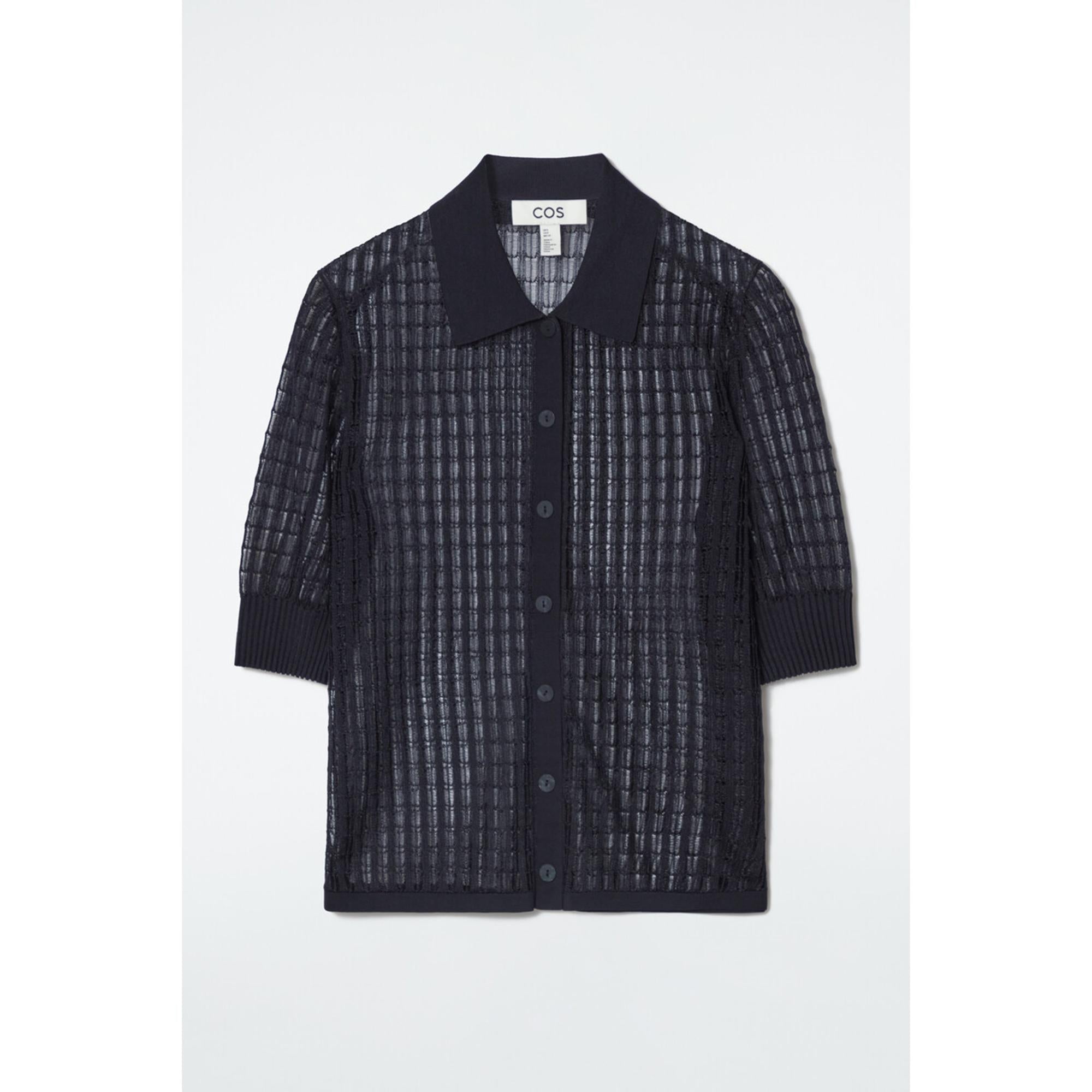 Women Lace-Stitch Short-Sleeved Cardigan - Blue
