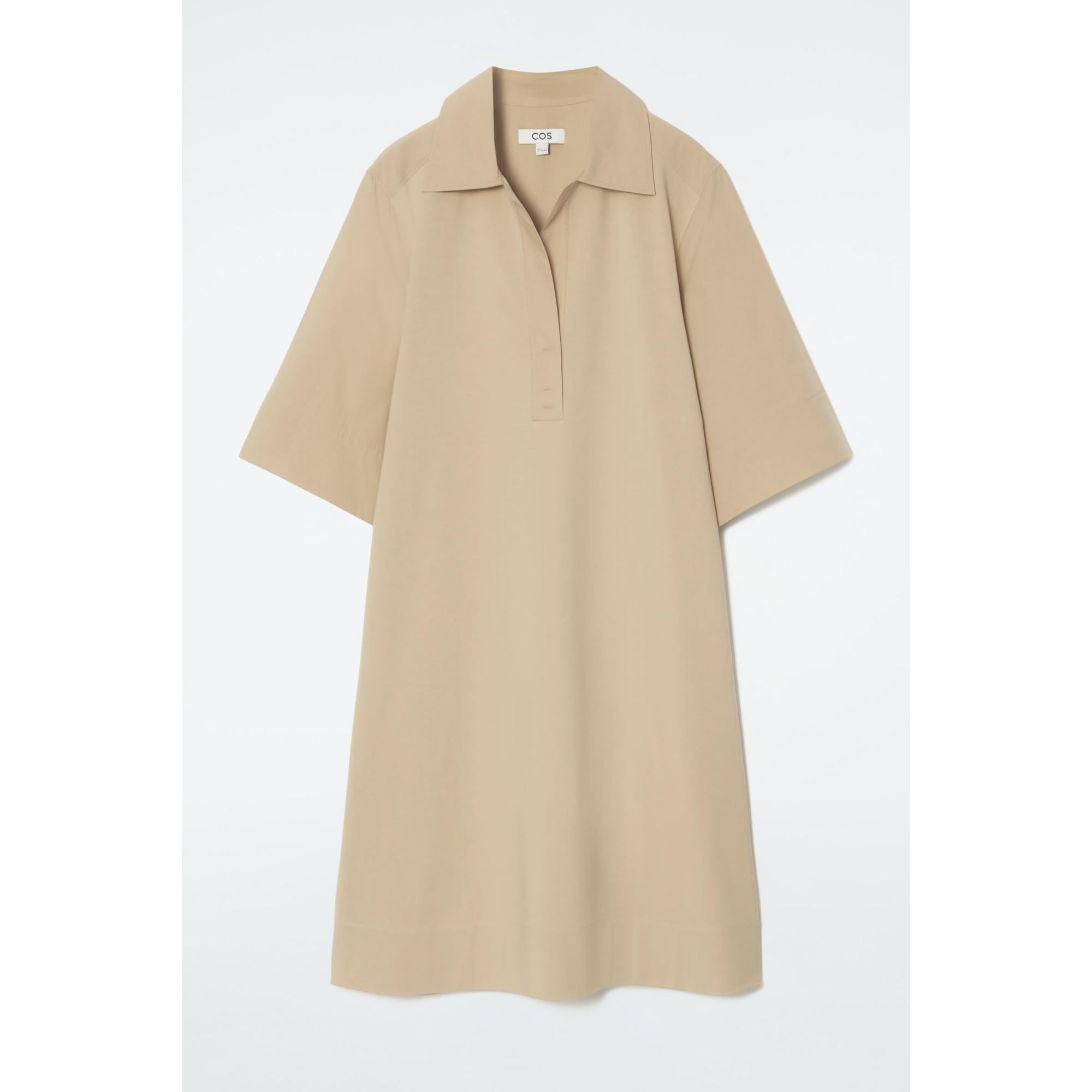 Women Oversized Open-Collar Shirt Dress - Beige