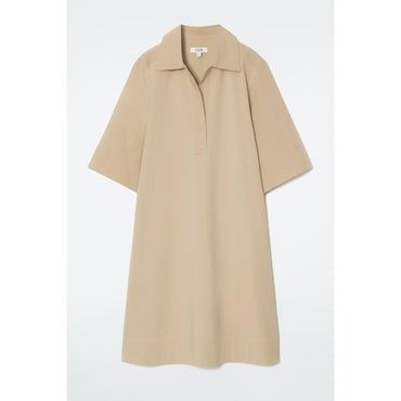 Women Oversized Open-Collar Shirt Dress - Beige