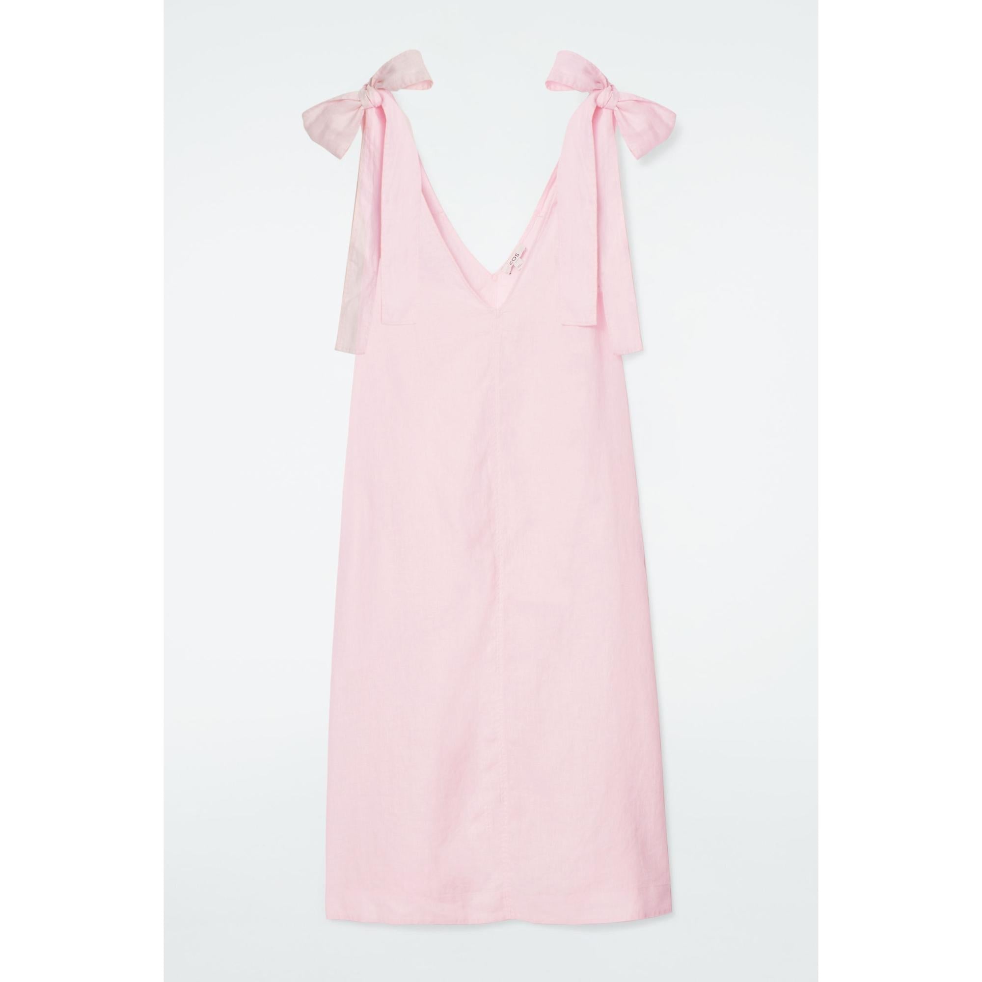 Women Bow-Detail Linen Midi Dress - Pink