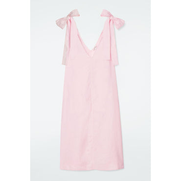 Women Bow-Detail Linen Midi Dress - Pink