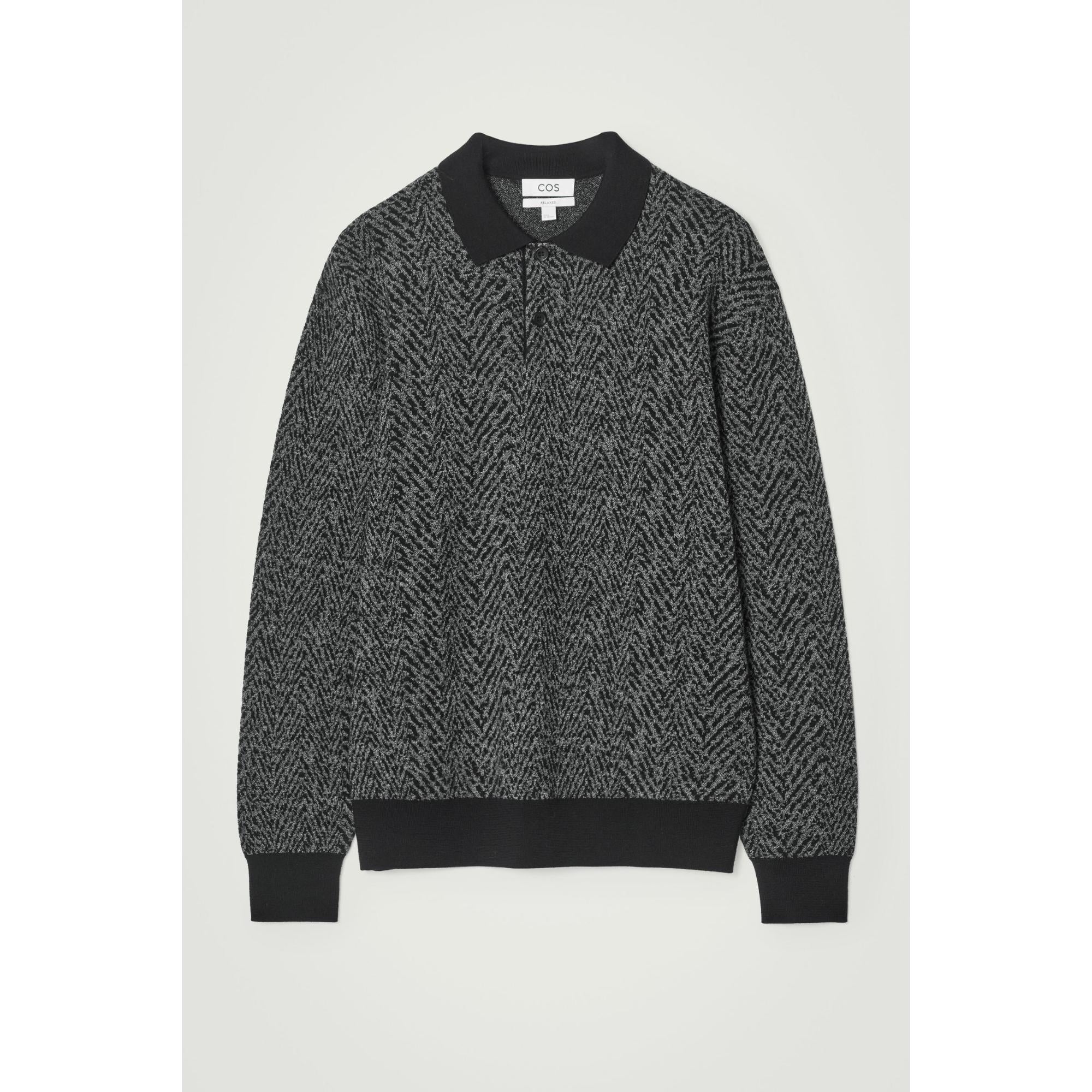 Men Herringbone Wool Polo Shirt - Black