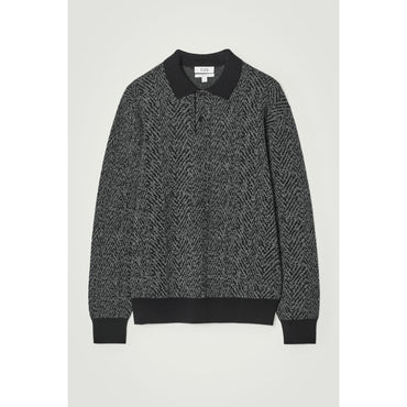 Men Herringbone Wool Polo Shirt - Black