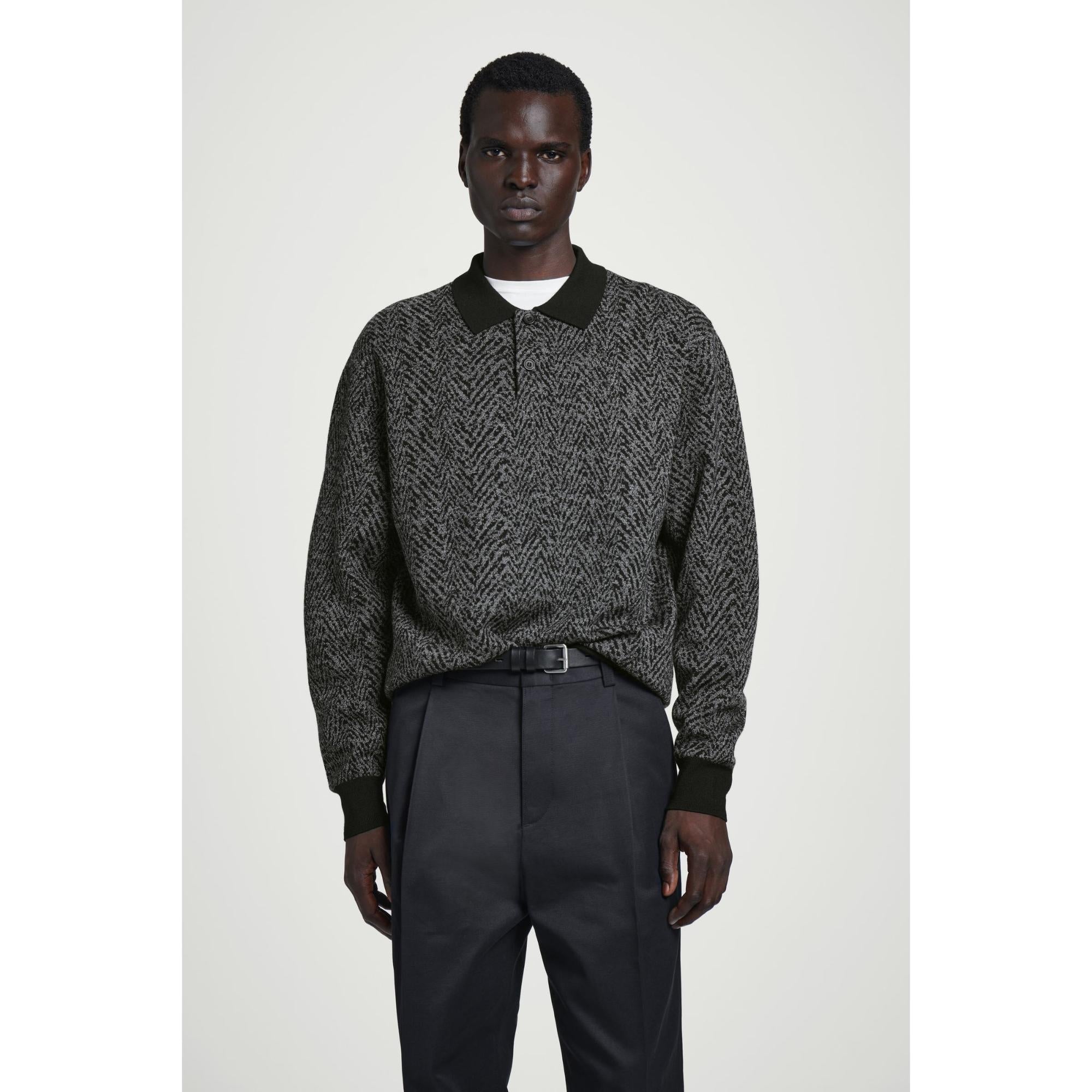 Men Herringbone Wool Polo Shirt - Black