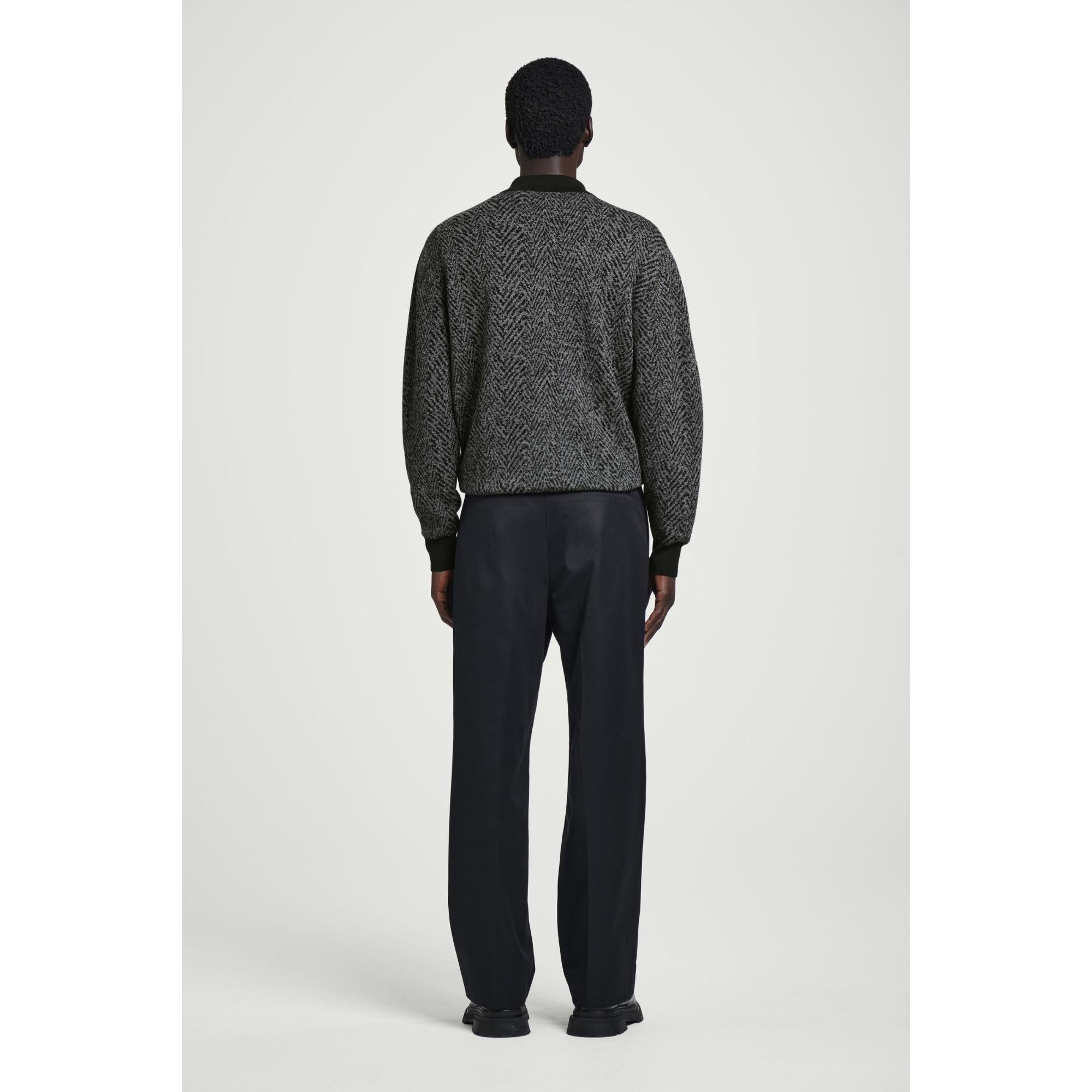 Men Herringbone Wool Polo Shirt - Black