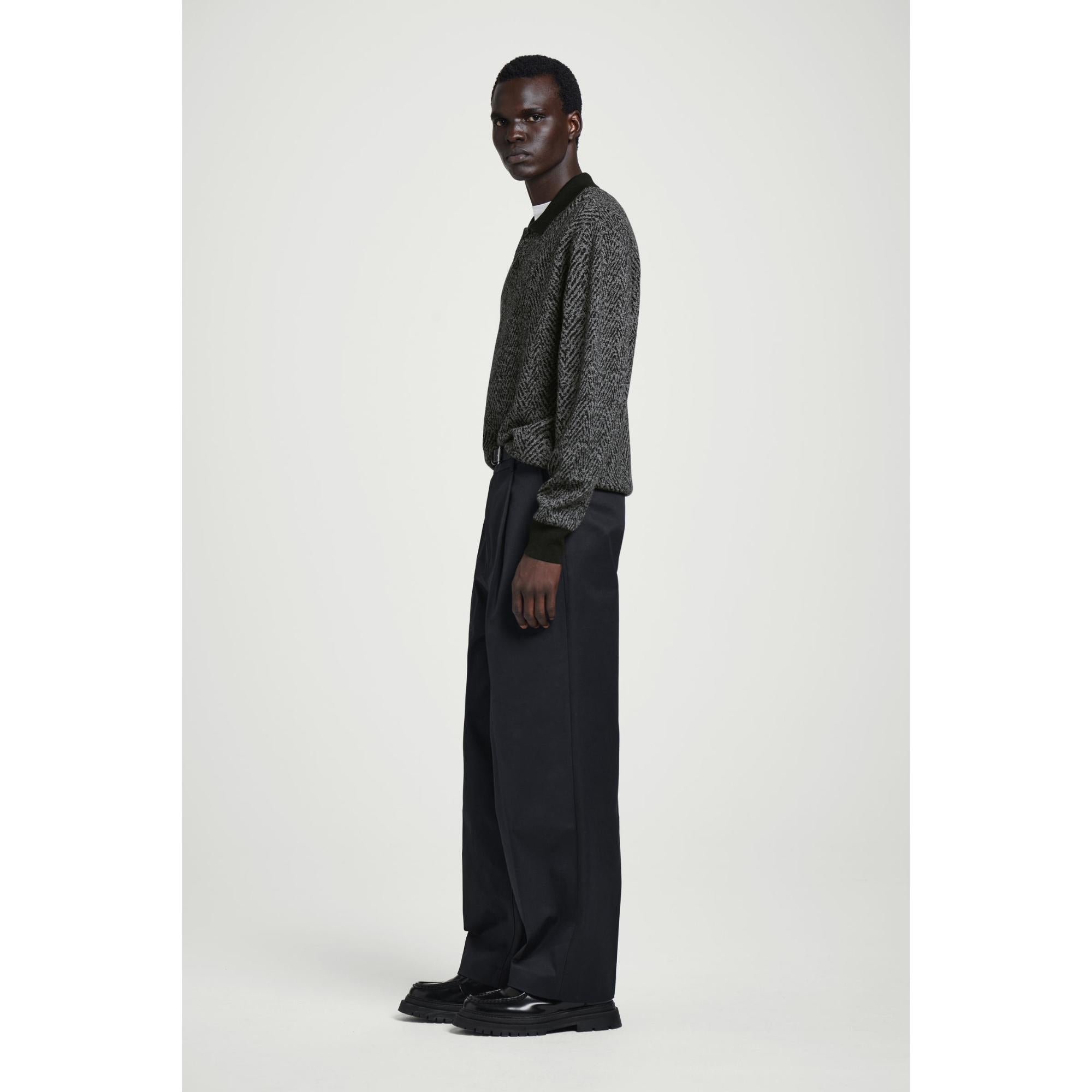 Men Herringbone Wool Polo Shirt - Black