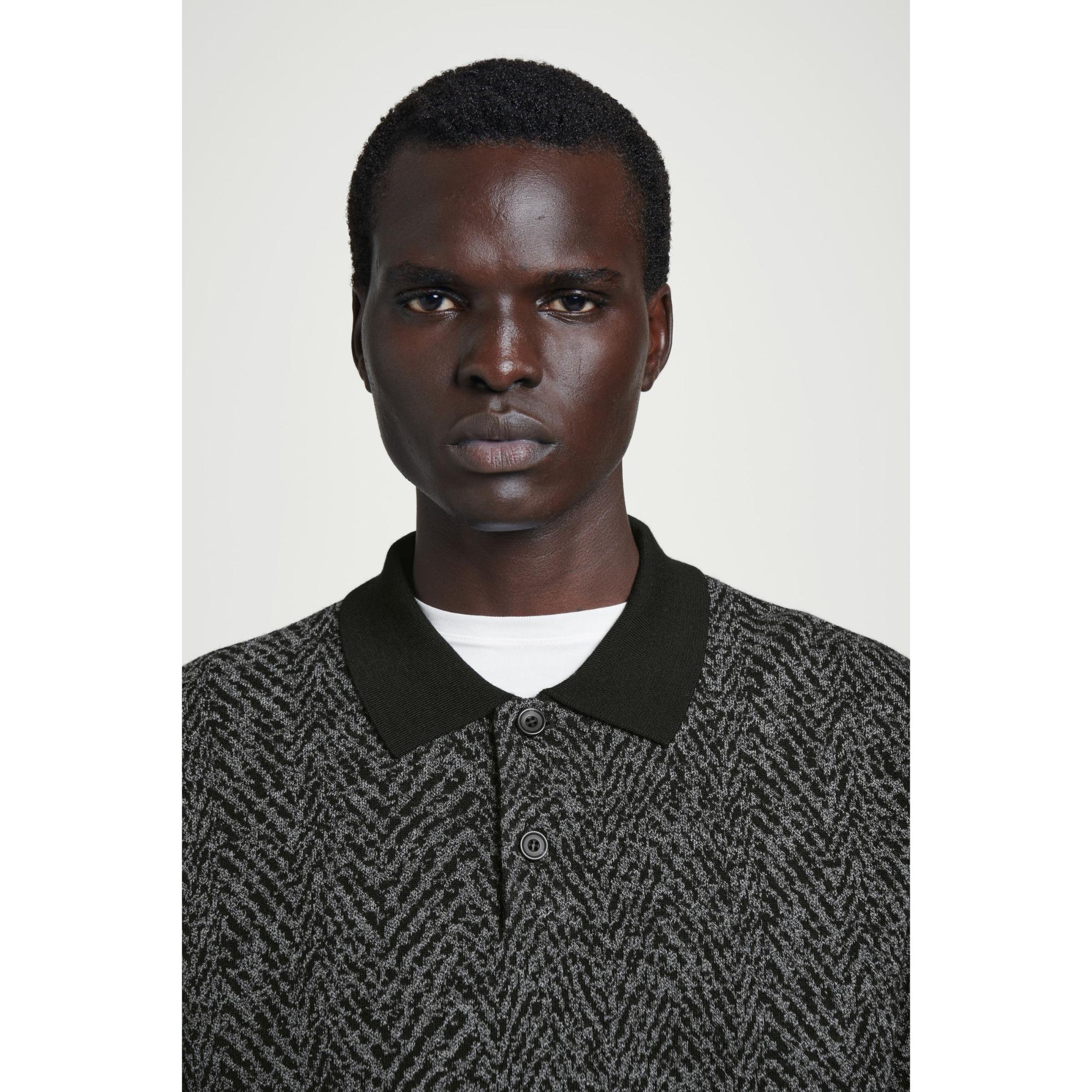 Men Herringbone Wool Polo Shirt - Black