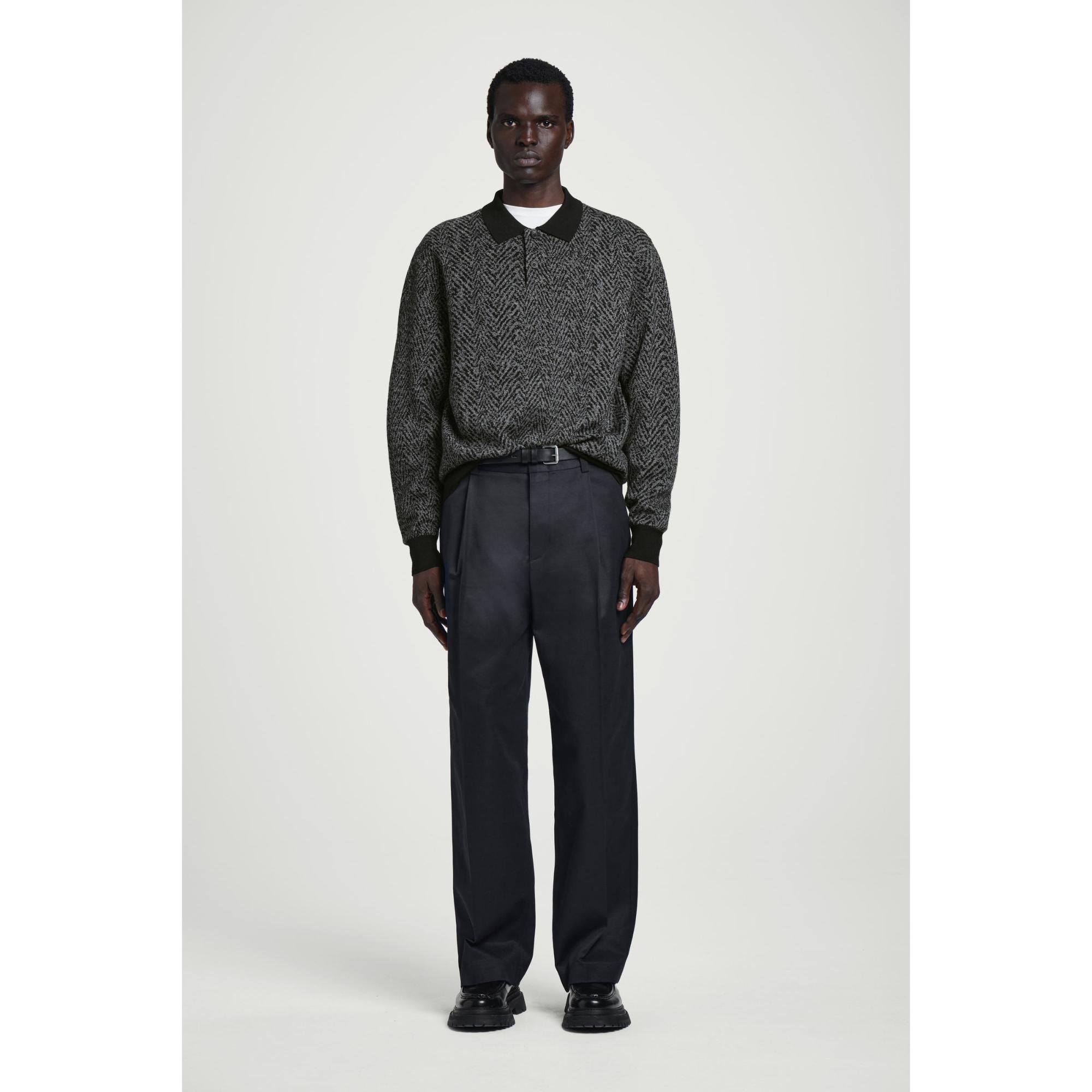 Men Herringbone Wool Polo Shirt - Black