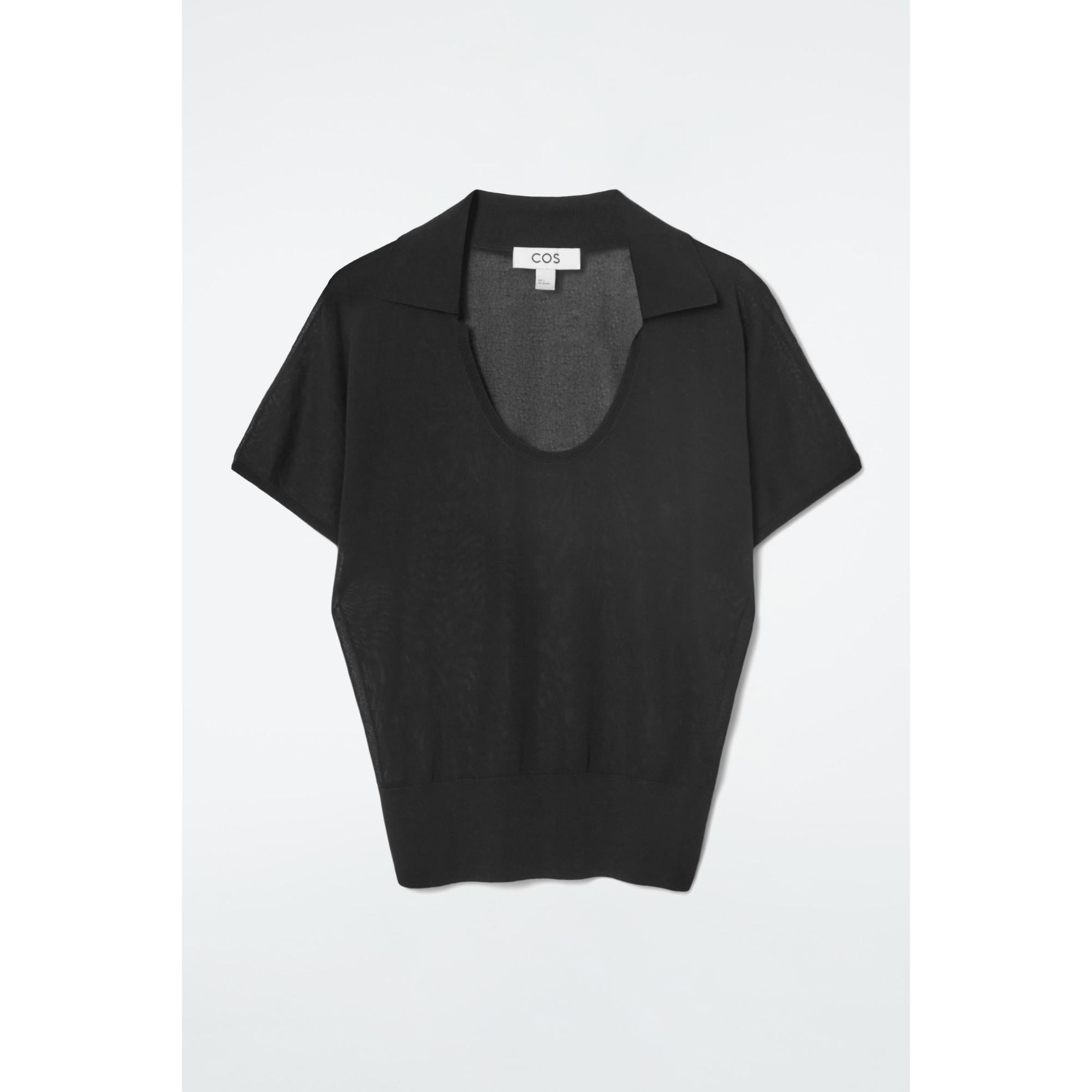 Women Scoop-Neck Knitted Polo Shirt - Black