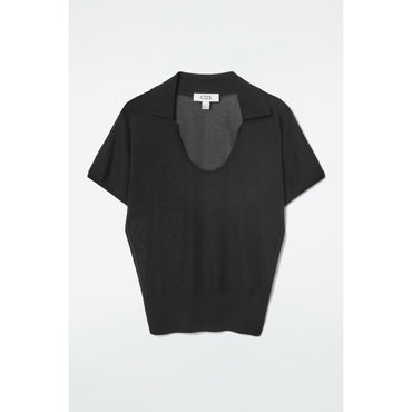 Women Scoop-Neck Knitted Polo Shirt - Black