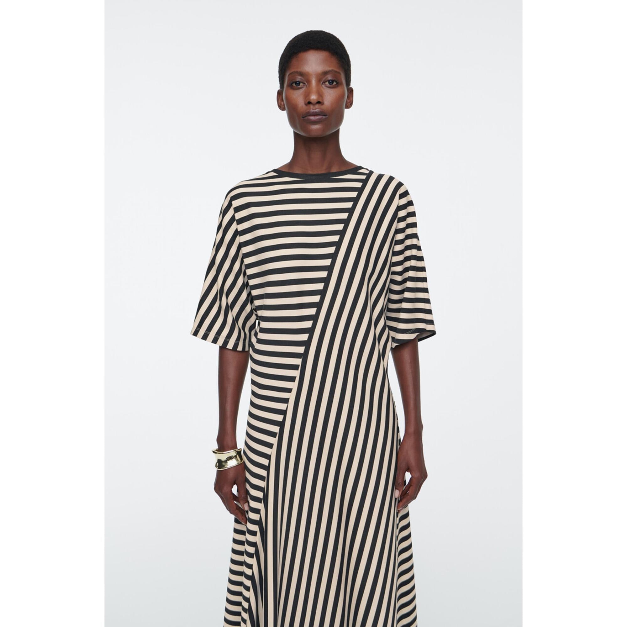 Women Striped Jersey Midi Dress - Black
