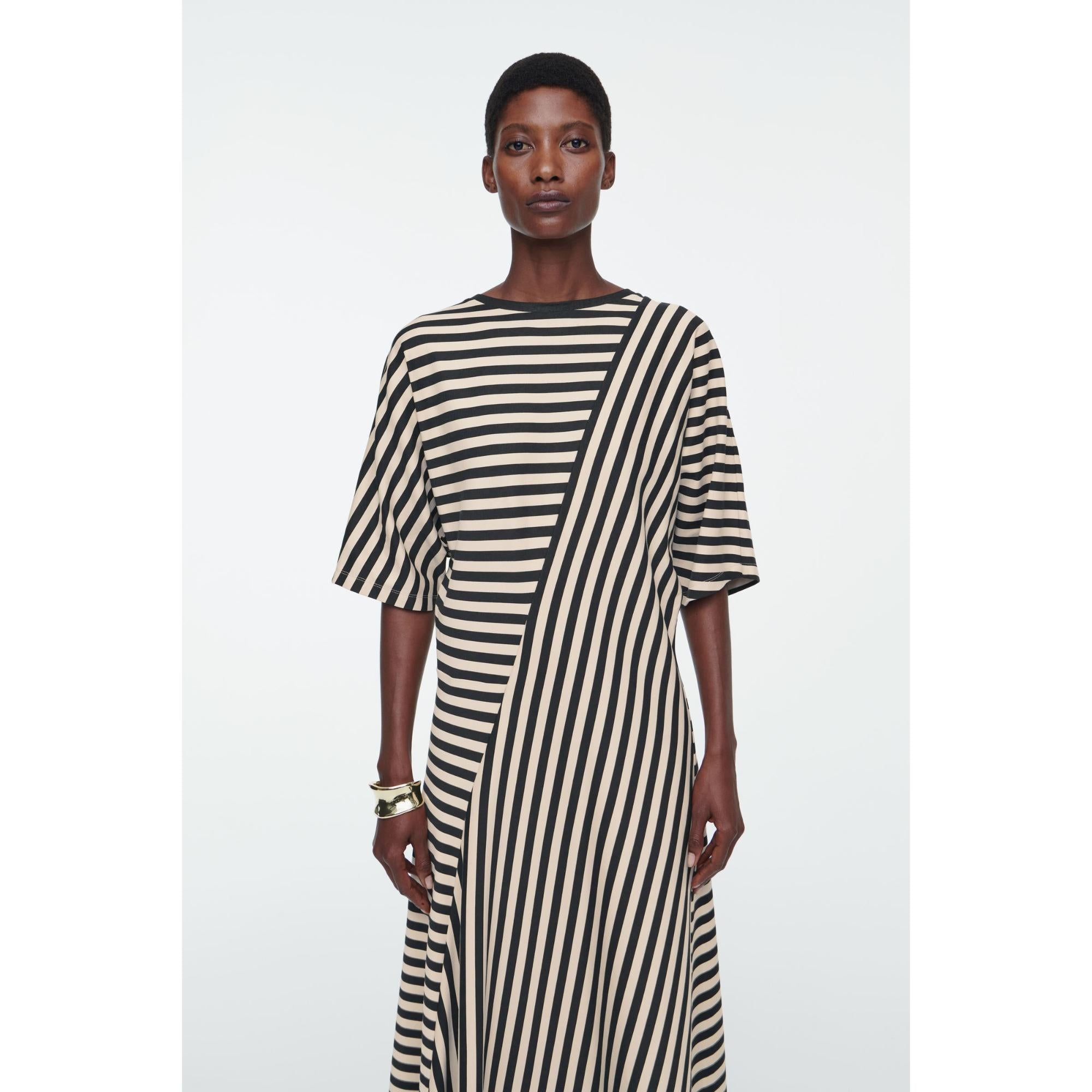 Women Striped Jersey Midi Dress - Black