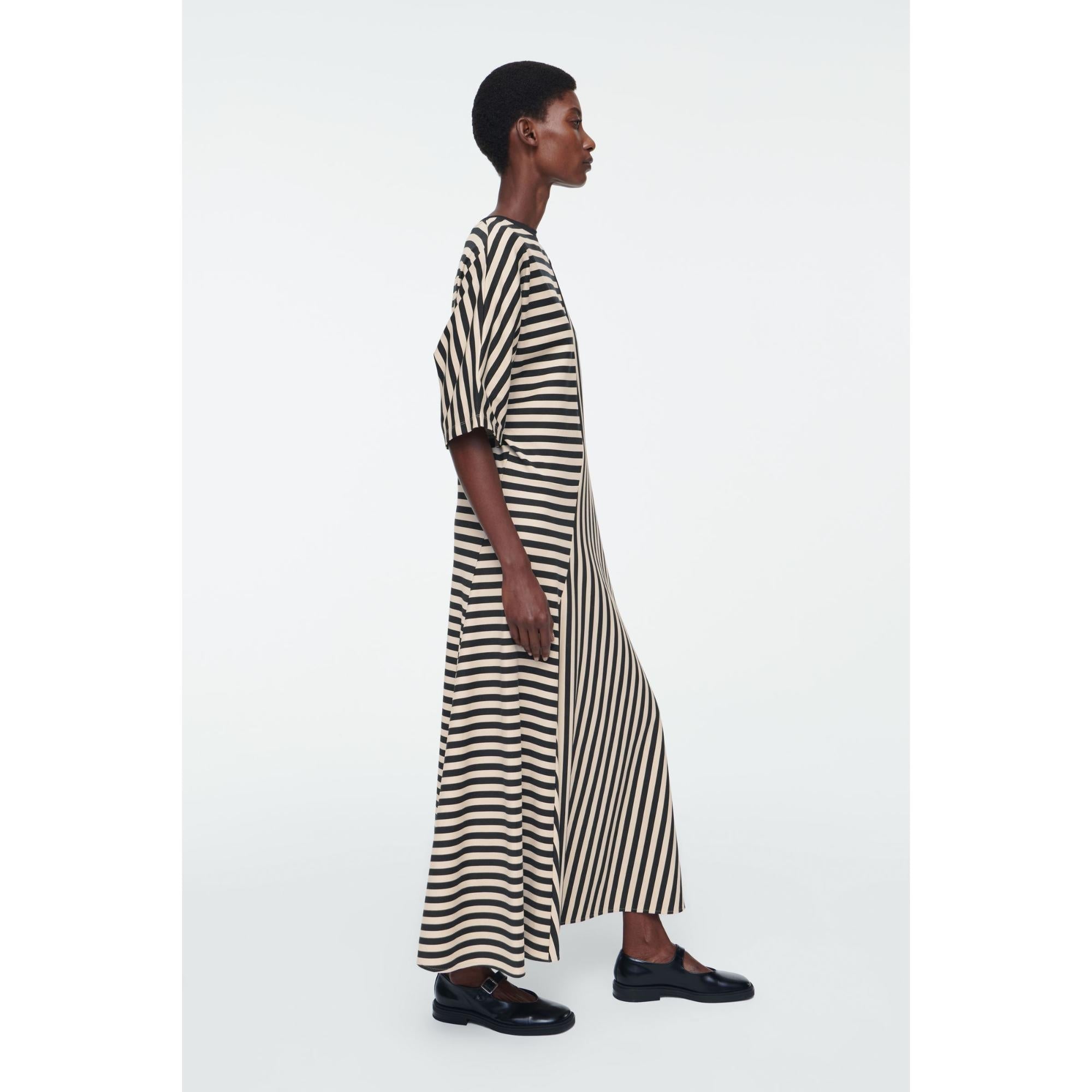 Women Striped Jersey Midi Dress - Black