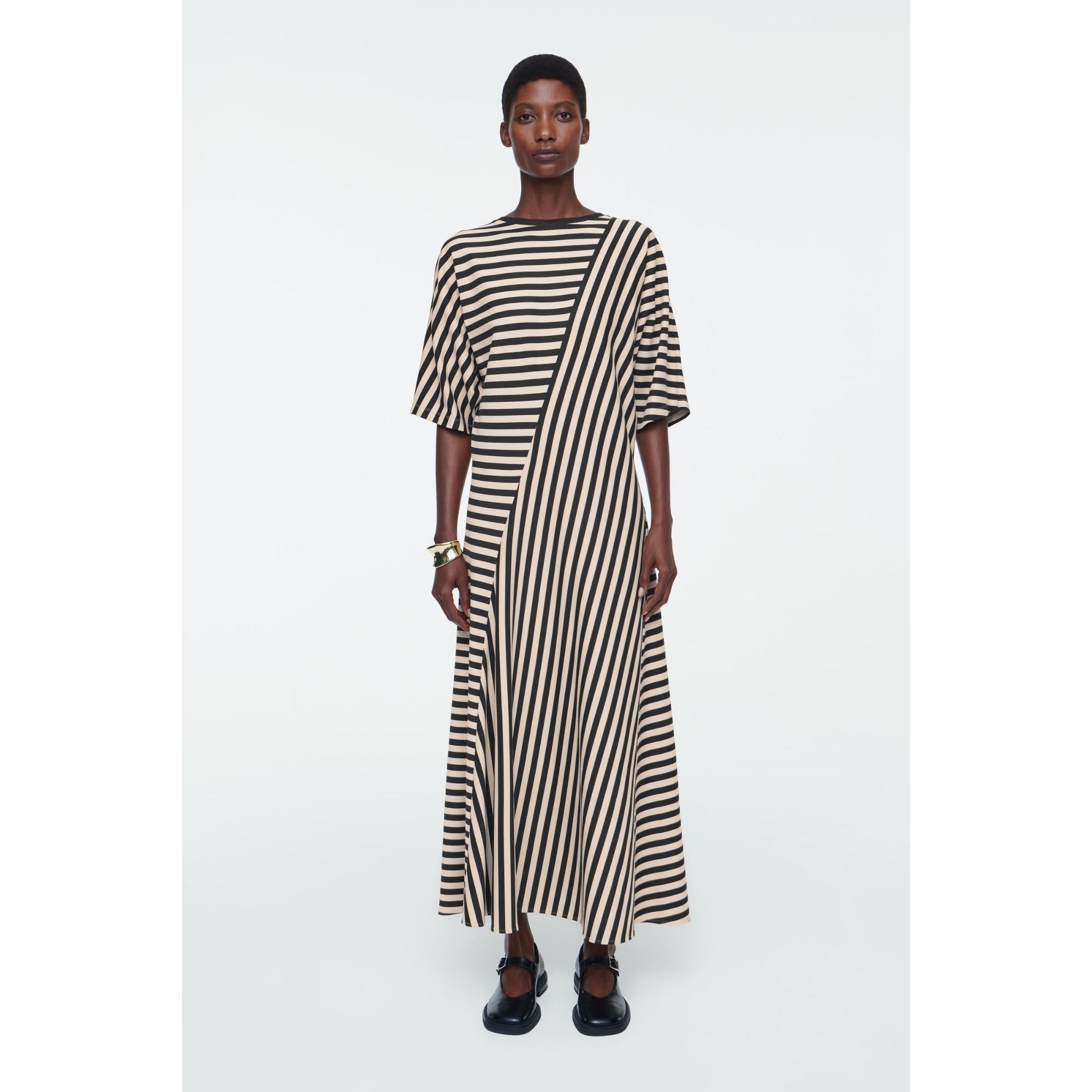 Women Striped Jersey Midi Dress - Black