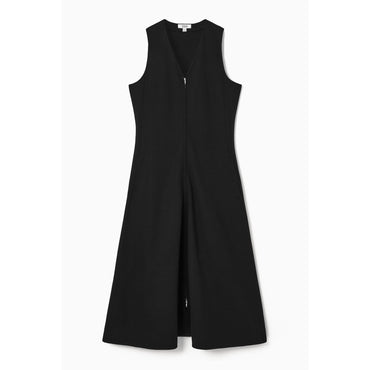 Women Zip-Front V-Neck Midi Dress - Black