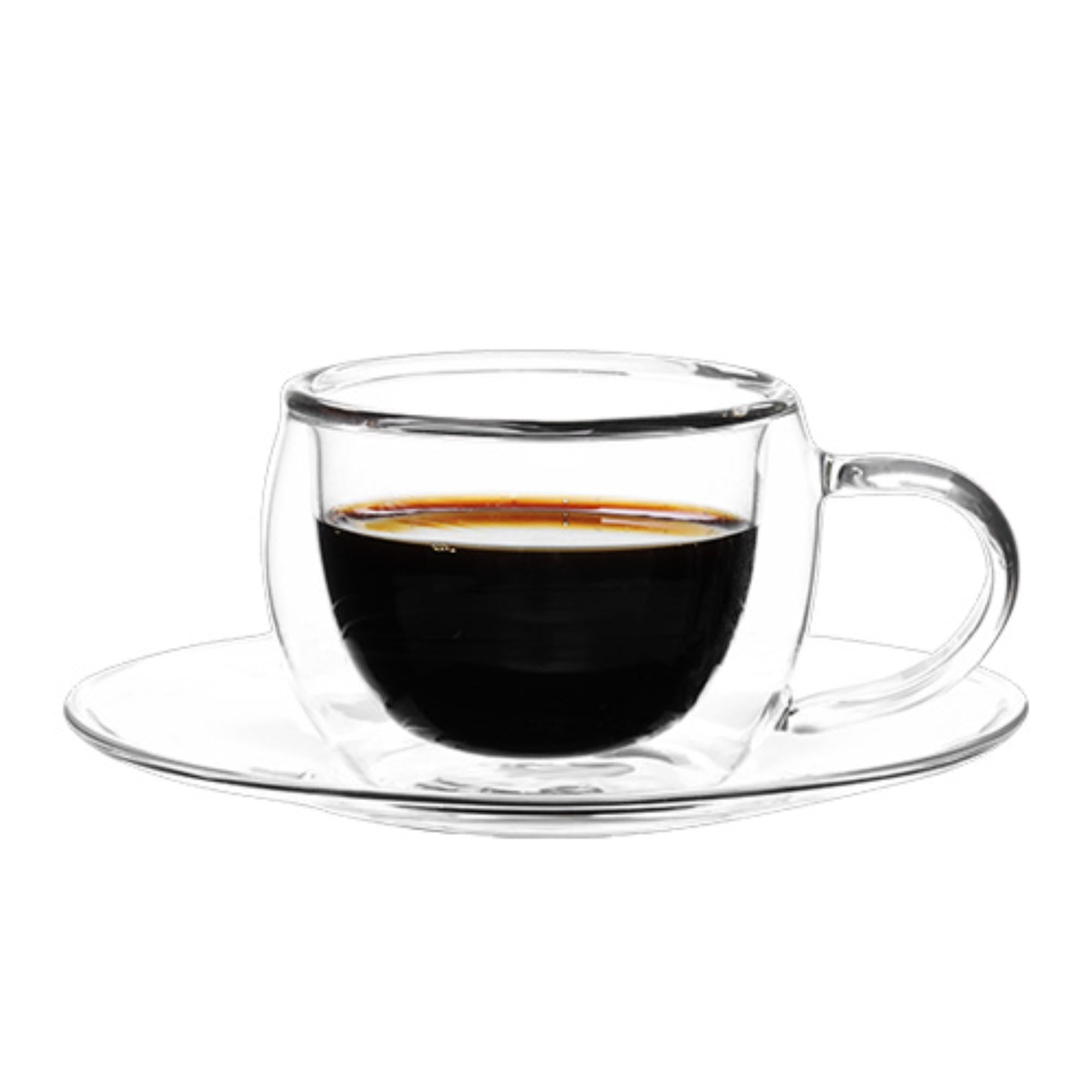 2pcs Borosilicate Glass Double Wall Cup with Handle and Saucer - 80ml