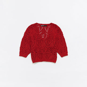 Open Knit Straight Sweater - Red