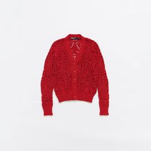 Open Knit Straight Cardigan - Red