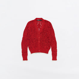 Open Knit Straight Cardigan - Red