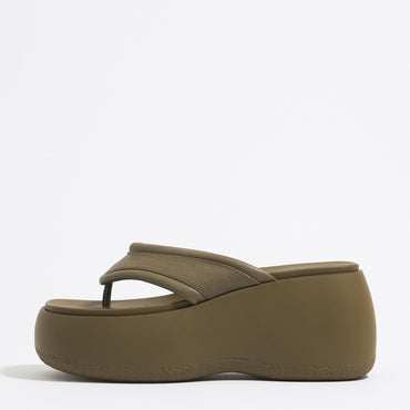 Leather High Wedge Sandal - Khaki