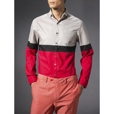 Men Colour Block Cotton Shirt - Red