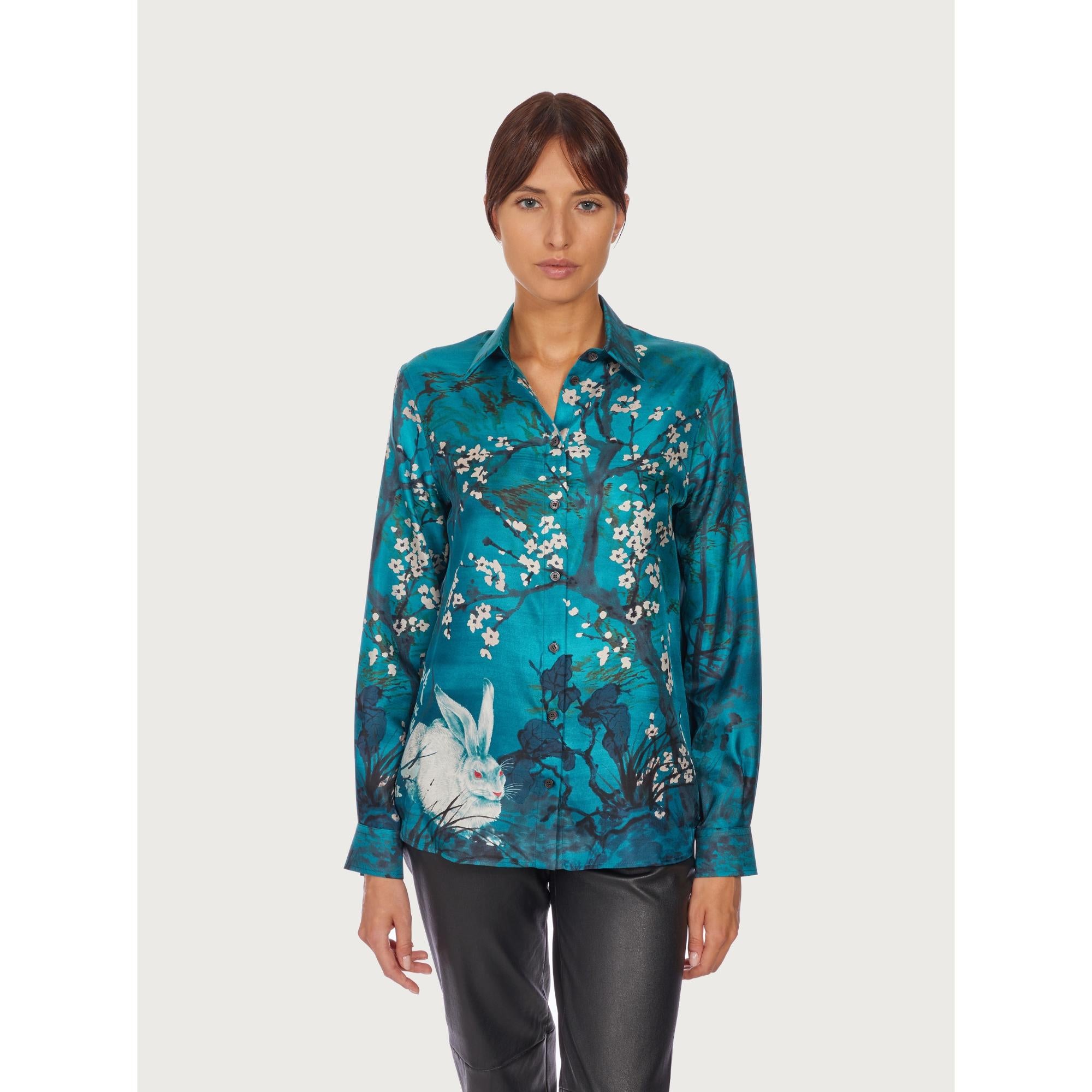 Women Foulard Print Silk Shirt - Blue