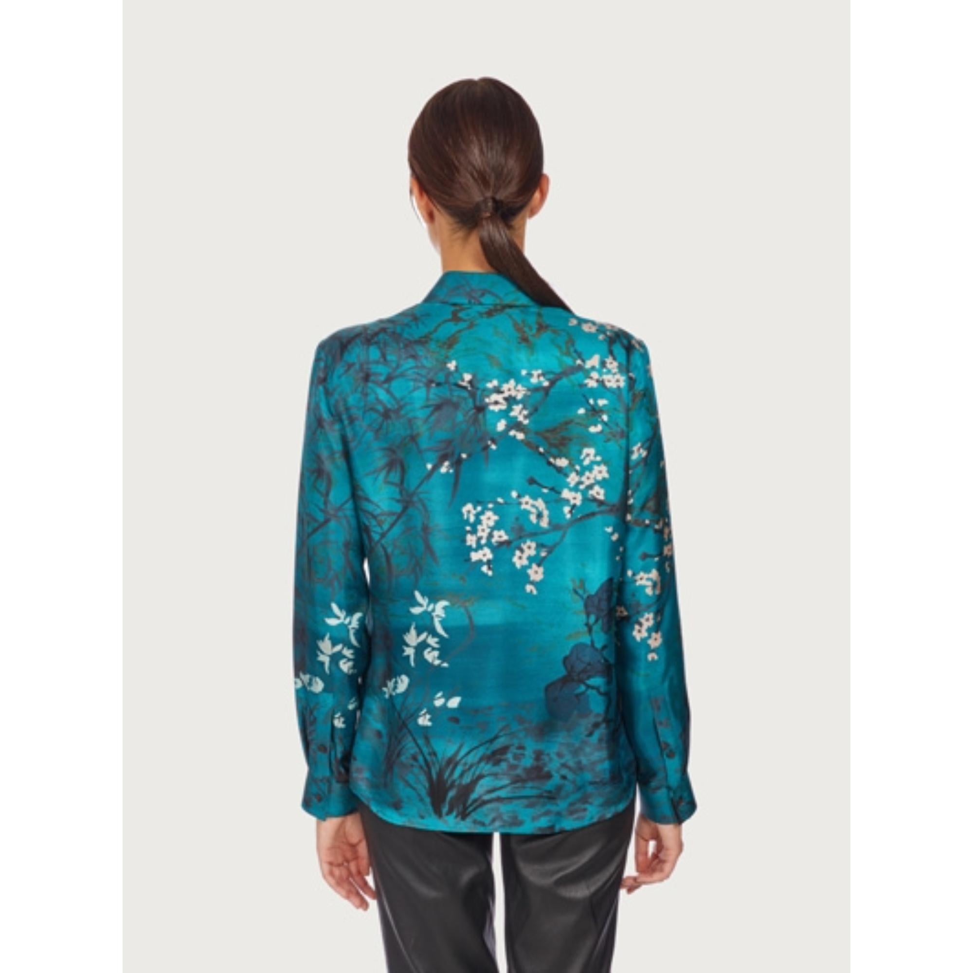 Women Foulard Print Silk Shirt - Blue