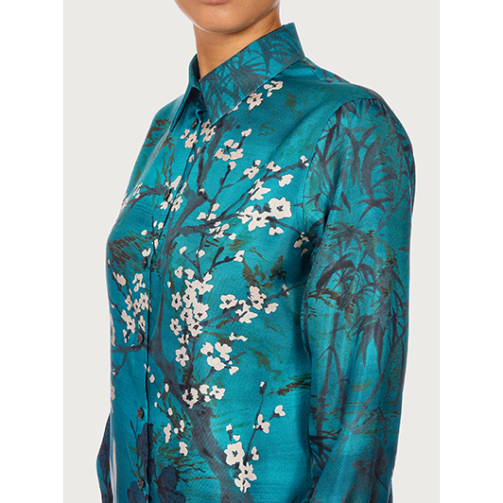 Women Foulard Print Silk Shirt - Blue