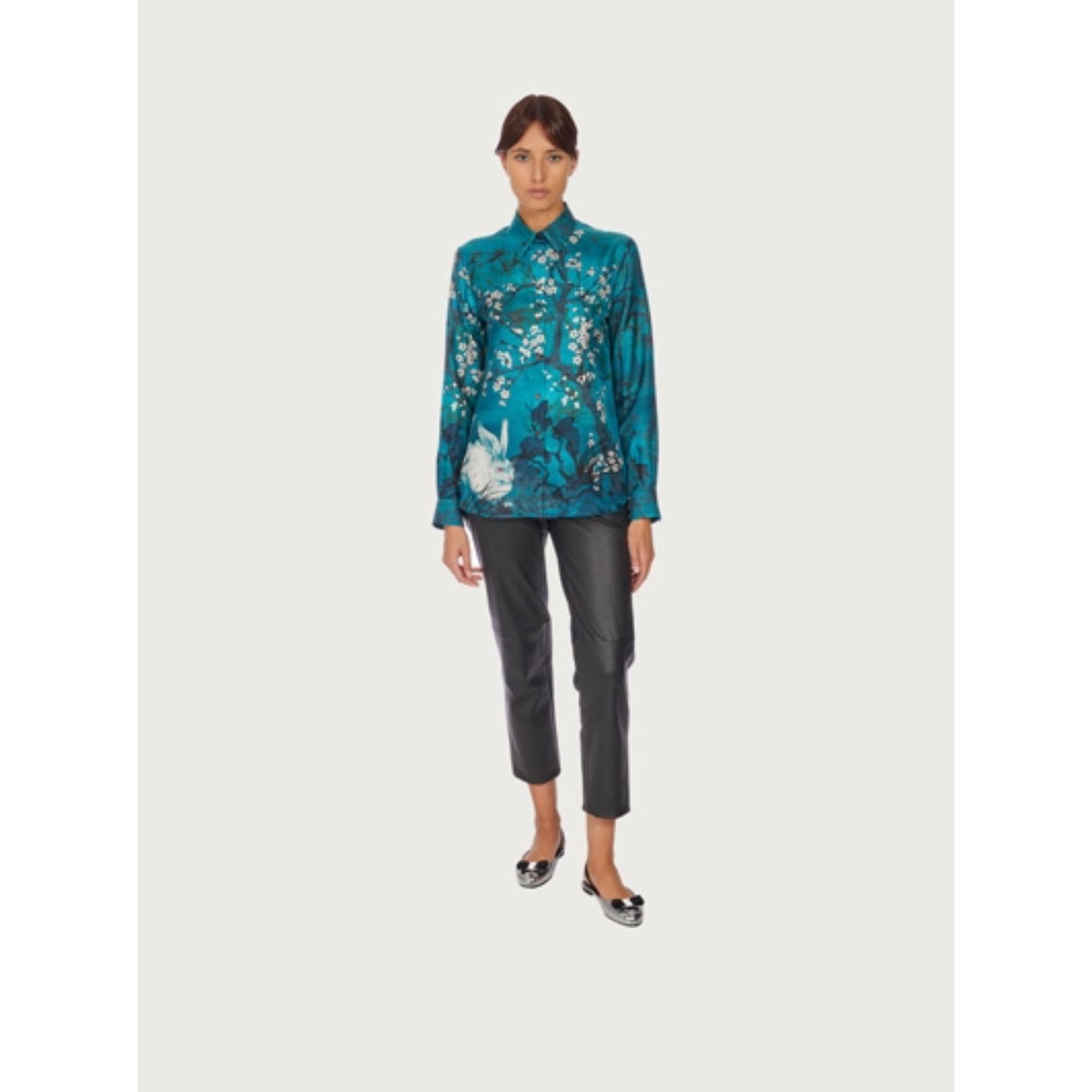 Women Foulard Print Silk Shirt - Blue