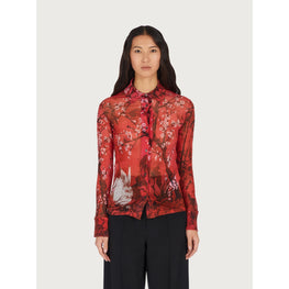 Women Rabbit Print Silk Shirt - Red