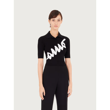 Women Inlay Knitted Polo - Black/White