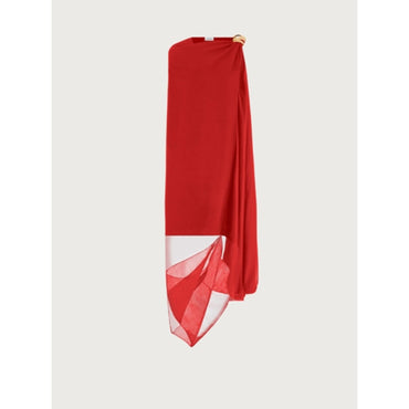 Women Asymmetric Dress with Organza - Red