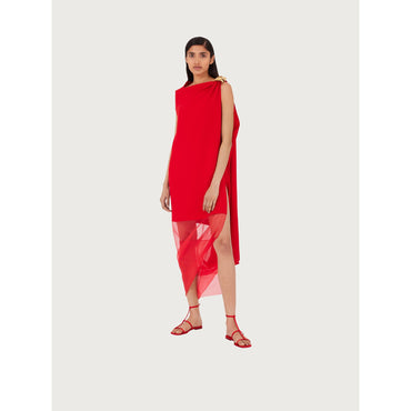 Women Asymmetric Dress with Organza - Red