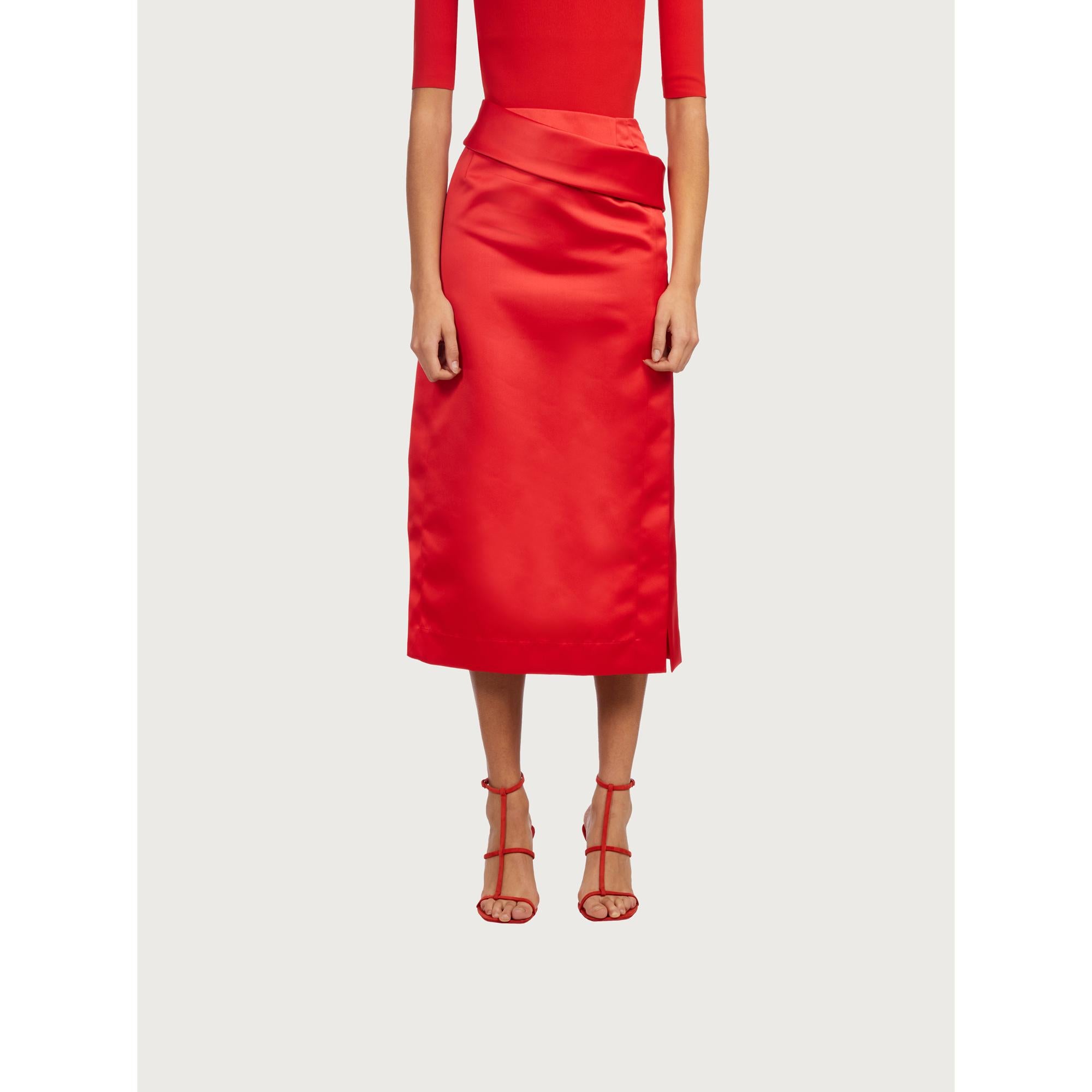 Women Midi Skirt with Side Slit - Red