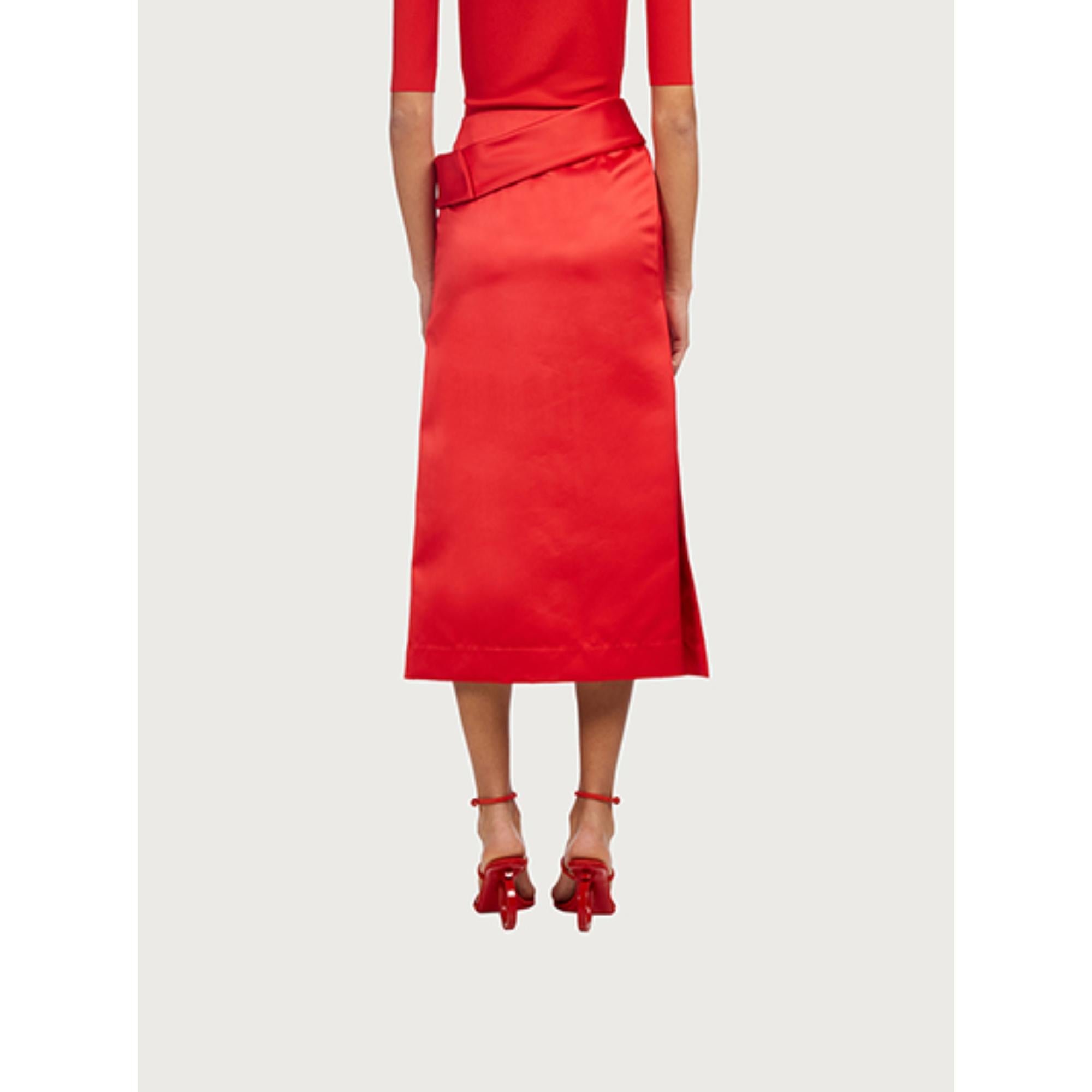 Women Midi Skirt with Side Slit - Red