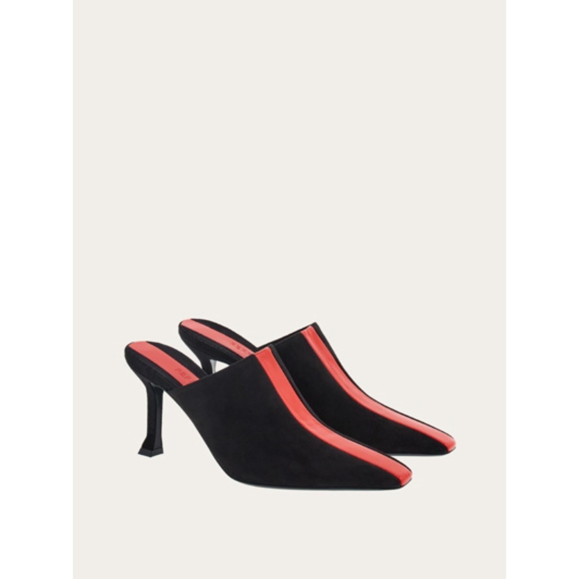 Women Mules with Graphic Insert [Width: 1C] - Black/Flame Red