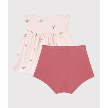 Newborn Baby Two-Piece Cotton Set with a Ruffled Blouse - Pink