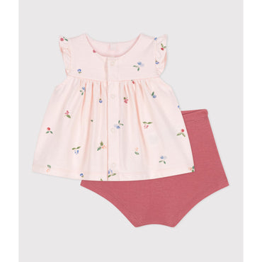 Newborn Baby Two-Piece Cotton Set with a Ruffled Blouse - Pink