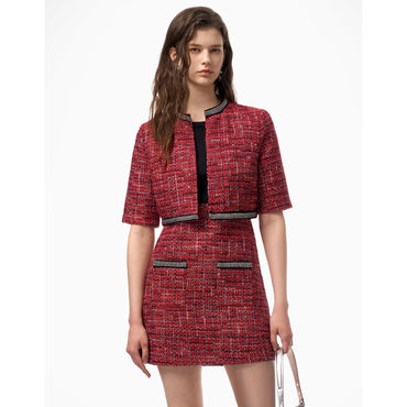 Embellished Trim Tweed Jacket - Red