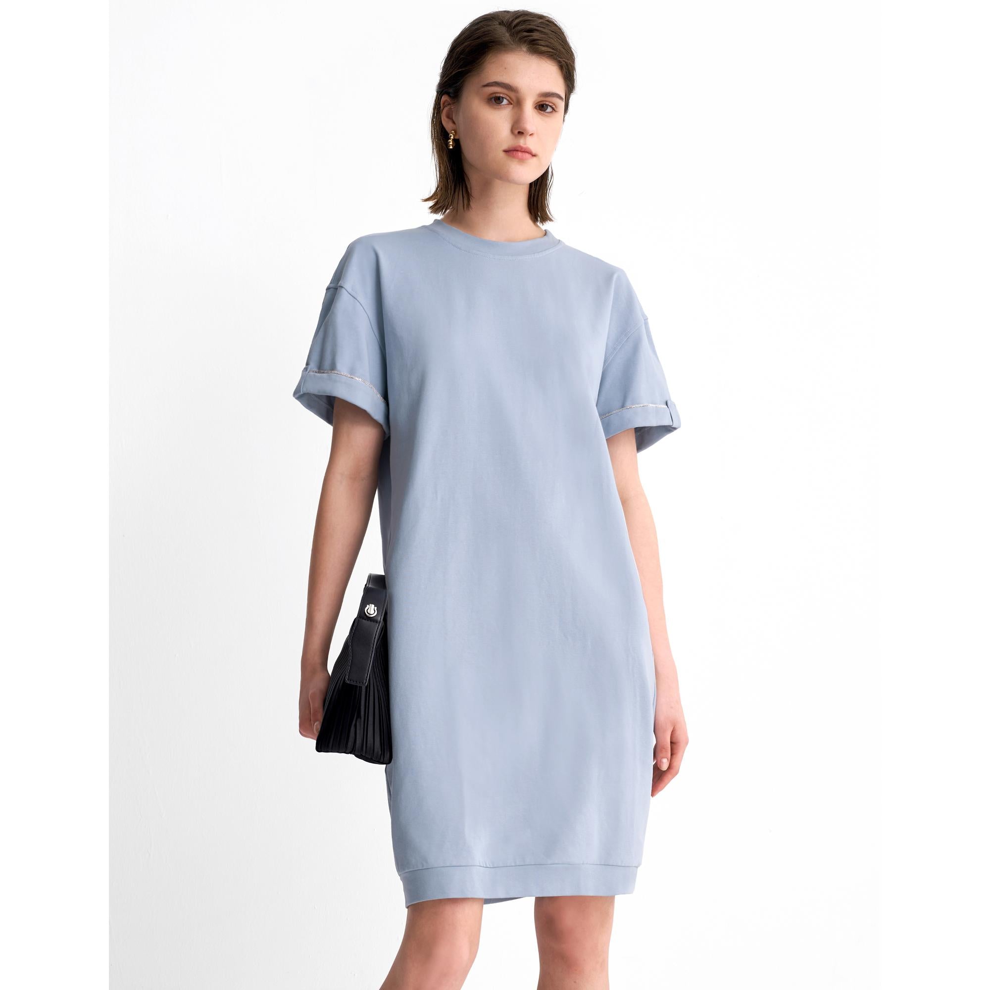 Round Neck Short Sleeve Dress - Blue