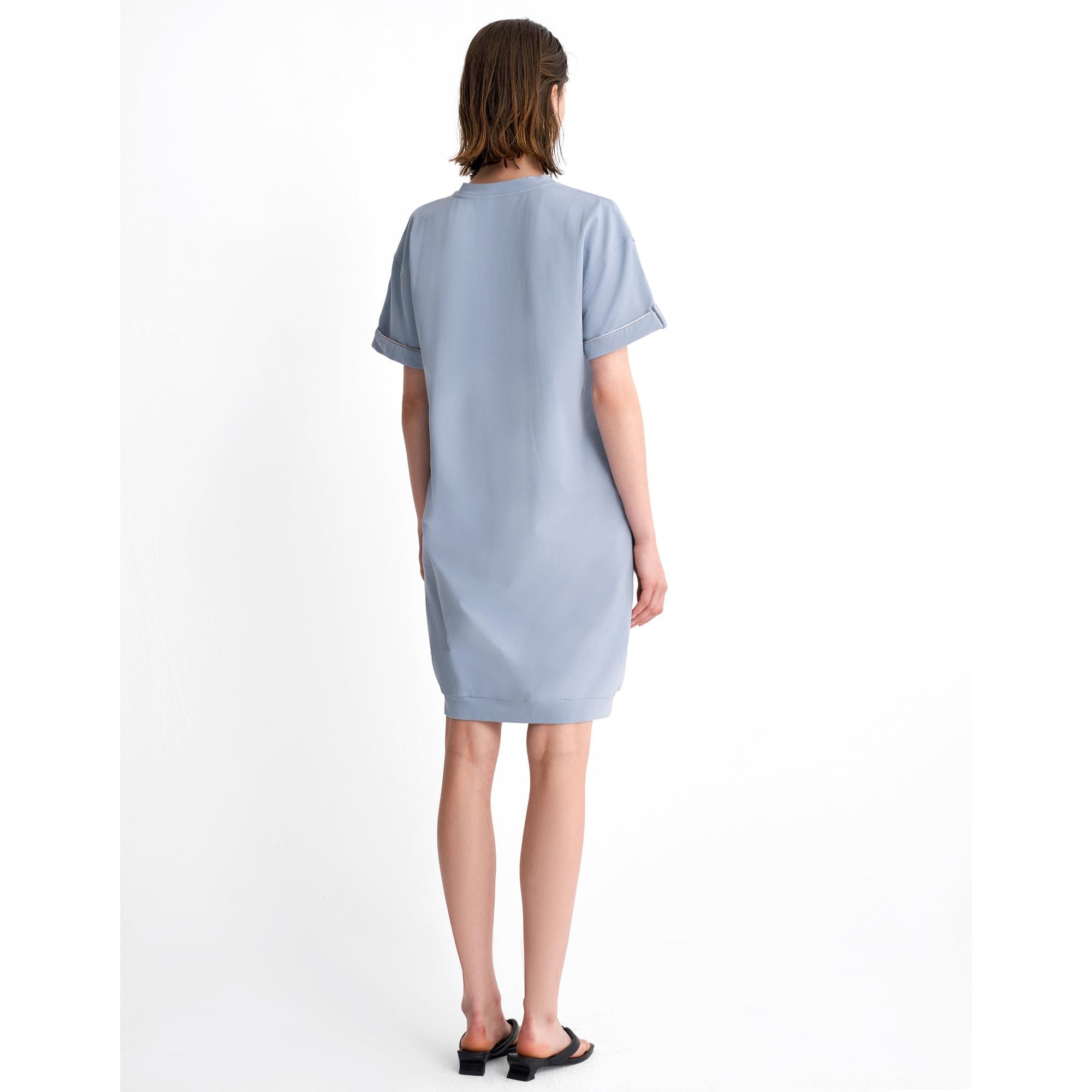 Round Neck Short Sleeve Dress - Blue