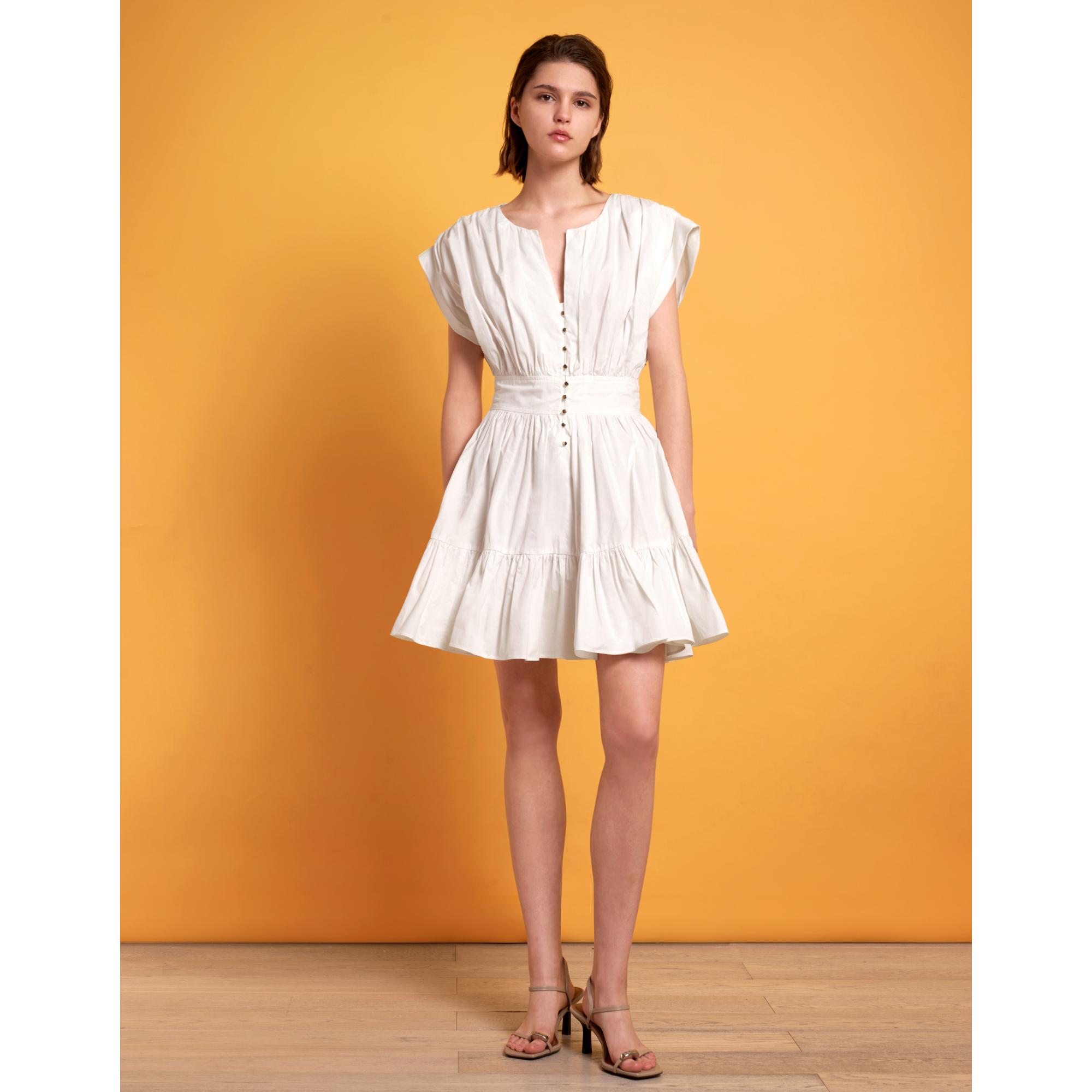 Pleated Structured Ruffled Hem Short Dress - White